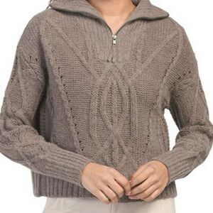 Skull Cashmere Cable Half Zip Merino Wool Blend Cropped Sweater, Taupe, Size XS